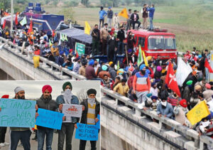 Protesting farmers in India occupy rail bridge Nov. 27, part of “March on Delhi” against laws ending government price supports. Inset, part of solidarity demonstration in Montreal Dec. 6.
