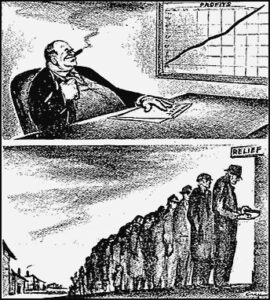 A cartoon from 1950 Militant “The ‘Welfare State’” depicts how the capitalist rulers use their state to boost profits of the bosses while grinding down the conditions of those who produce all wealth, the workers and farmers.