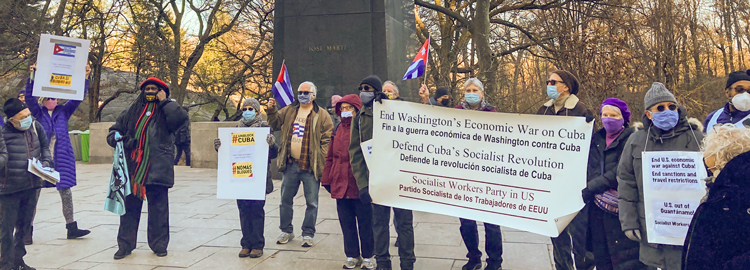 Protesters gather in New York at statue of José Martí Dec. 27 demanding end to U.S. economic war on Cuba.