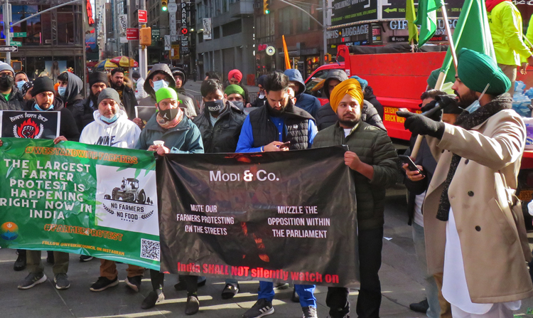 Protesta en Times Square en Nueva York en solidaridad con agricultores en India, 9 de enero.