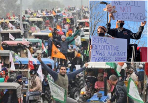 Des agriculteurs indiens dans un cortège de tracteurs près de New Delhi le 7 janvier dénoncent les nouvelles lois qui mettraient fin à des programmes de soutien des prix. En médaillon : Manifestation de solidarité à Yuba City, en Californie, le 16 janvier.