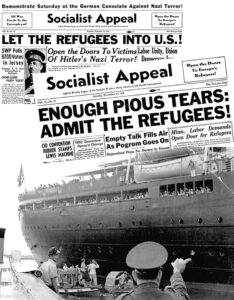 Above, Issues of Socialist Appeal, as the Militant was called at the time, campaigning for Jewish refugees to be admitted to the U.S. Below, Jewish refugees aboard S.S. St. Louis reach Havana in 1939. They were refused entry by the Cuban government and in Miami by the Roosevelt administration. The 900 on board were forced back to Europe and 250 perished in Nazi camps.