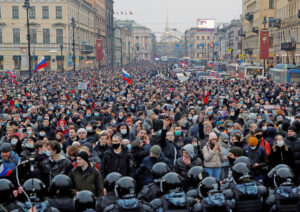 Protesters in over 100 Russian cities Jan. 23, including St. Petersburg, above, demand freedom for opposition leader Alexei Navalny, protest growing repression by regime of Vladimir Putin.