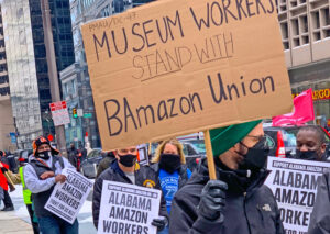 Workers who recently won a union at the Philadelphia Museum of Art joined Feb. 20 Philadelphia action in solidarity with Amazon workers fighting for union representation in Alabama.