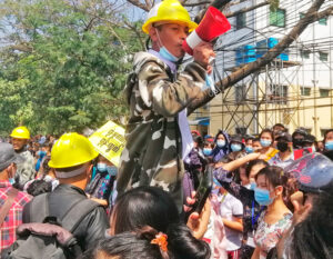 Workers in Yangon’s Shwepyithar Industrial Zone protest Feb. 17 against military coup and for better job conditions. Workers, unions are key component of protests against military rule.