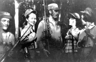 Meeting of Cuban revolutionaries, 1957. Central leader Fidel Castro (middle), flanked by Haydée Santamaría and Celia Sánchez (right), Ciro Redondo and Vilma Espín (left). From Women in Cuba: The Making of a Revolution Within the Revolution by Espín and others. 