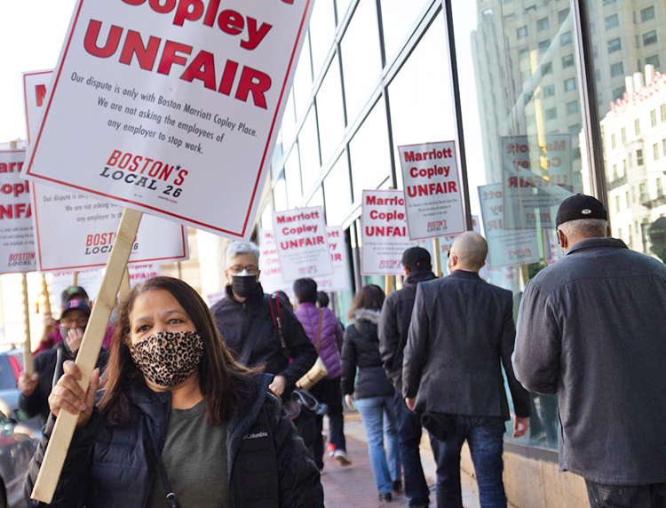 Protest in Boston March 23 demanding hotel bosses recall workers they have laid off during COVID-19 pandemic. Nonunion Marriott Copley is one of hundreds of hotels across the country that have thrown large numbers of workers out on the street over the last year.