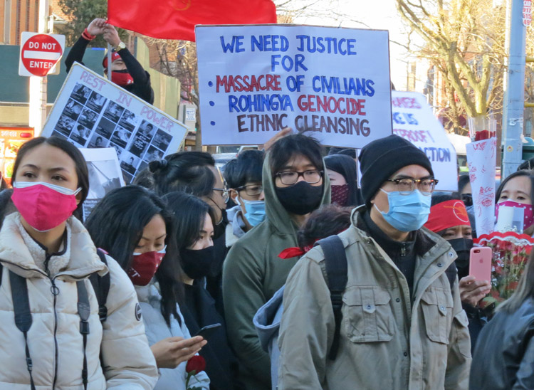 Some 500 protesters marched in New York March 13 against the military coup in Myanmar. Some participants demanded justice for Rohingya people, 700,000 of whom had been forced to flee the country under a brutal ethnic cleansing operation in recent years led by the military. 