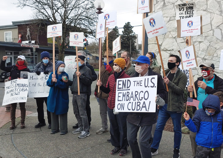 Feb. 28 rally in Seattle, one of actions in seven cities in U.S. and Canada, protest U.S. embargo of Cuba. For more than 60 years Washington has tried to overthrow Cuban Revolution.