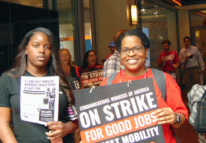 CWA strike picket at AT&T mobile phone center, Washington, D.C., May 19, 2017. Road to gains for working people will grow out of increasing reliance on independent working-class political action, not Democratic Party maneuvers to monopolize politics and keep us in tow.