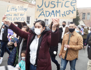 Over 1,000 people march April 18 against Chicago cop shooting of 13-year-old Adam Toledo. Protest began by alley where he was killed and marched through Little Village neighborhood.