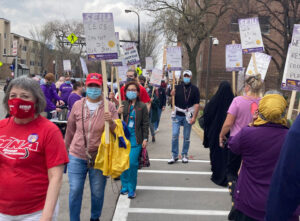 Several hundred SEIU members and supporters picket Abbott Northwestern Hospital in Minneapolis April 7 in fight for new contract, more staffing to ensure safety, higher wages.