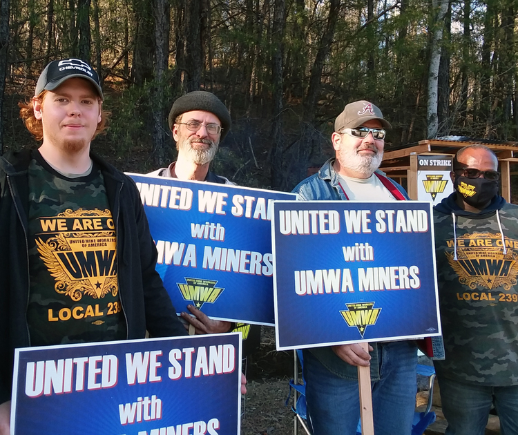United Mine Workers of America Local 2397 members on picket line at Warrior Met mine No. 7, April 2. At left is Tyler Bittle; right, Antwon McGee. Over 1,100 went on strike day before.