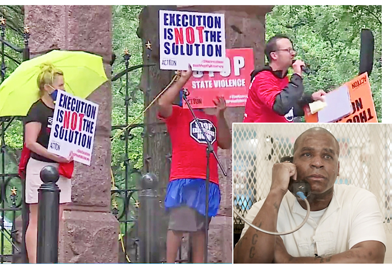 May 18 protest at governor’s mansion in Austin, Texas, urging state grant Quintin Jones, inset, clemency, life in prison. Capitalist rulers use death penalty to intimidate working people.