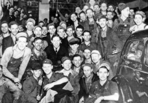 Sit-down strike by autoworkers in 1937 at General Motors in Flint, Michigan, was part of strike wave during 1930s Depression that built Congress of Industrial Organizations and posed need, and potential, for a party of labor to advance the class struggle onto the political plane.