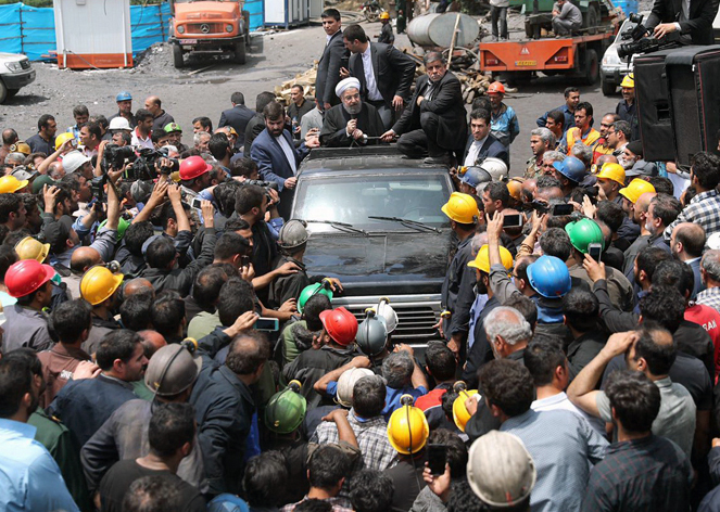 Iran’s President Hassan Rouhani, in car, surrounded by protesting coal miners in Azadshahr, Iran, May 2017. His reformist forces have been barred from running in June 18 presidential election. For years workers have fought to end rulers’ wars abroad, economic crisis at home.