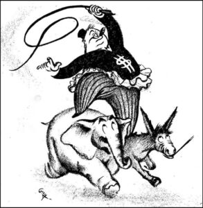 Laura Gray cartoon in Militant, July 29, 1944, of bosses cracking whip over Republicans, Democrats, as they rush to do bidding of capitalist rulers.