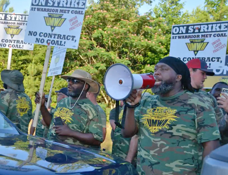 Striking miners at expanded picket at entrance to Warrior Met Coal No. 7 mine June 15 where company is using scabs. This is first union contract strike battle in Alabama mine since 1980s.