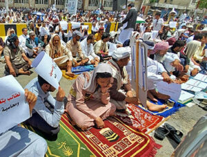 Demonstration during Friday prayers in Taiz, Yemen, June 4, protesting devastating impact of inflation, deterioration of government social services and widespread official corruption.