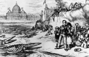 Blaine amendments, laws targeting state government aid to Catholic schools, were adopted during rise of anti-immigrant, anti-Catholic bigotry in the 19th century. They are still on books in 37 states. Drawing from 1871 depicts Catholic bishops as crocodiles looking to gobble up American schoolchildren.