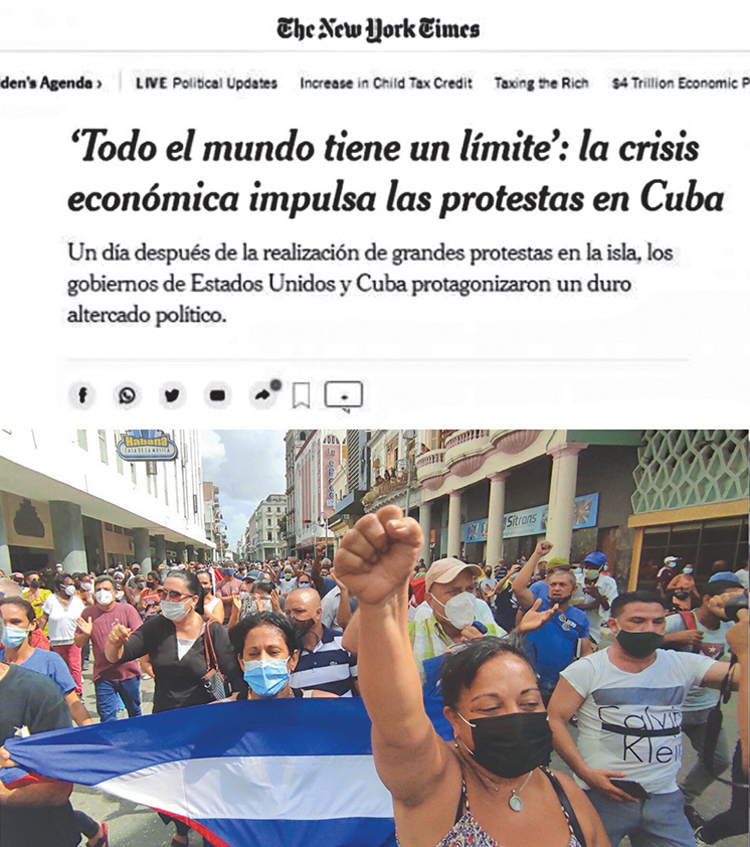 New York Times ran this article in Spanish and English on protests in Cuba with this image, which the paper claimed was of an anti-government protest. In fact, it is a march in Havana in support of the revolution! In the baseball cap behind the Cuban flag is Gerardo Hernández, a well-known leader of the Committees in Defense of the Revolution and one of the Cuban 5, who spent 16 years in prison in the U.S., framed up for his work helping to stop terrorist attacks on Cuba.