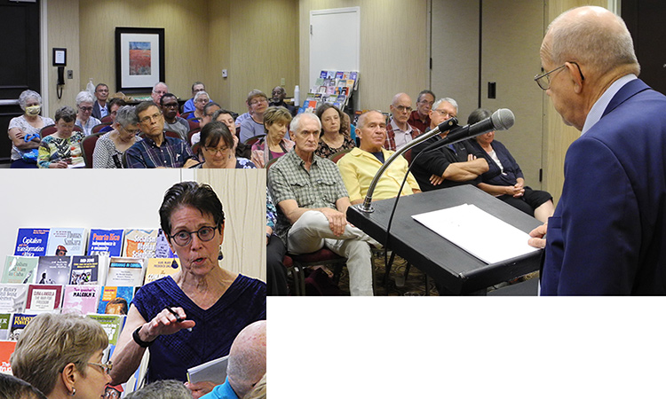 Steve Clark, SWP leader, speaks at Atlanta forum June 26 on how party met test of capitalist crisis, pandemic by campaigning widely among working people. Inset, SWP leader Mary-Alice Waters speaks during the discussion period.