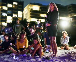 June 28 vigil for residents of Champlain Towers in Surfside, Florida, after building collapsed. “Serious degradation of the building’s structure was found three years ago,” said Anthony Dutrow, inset, Socialist Workers Party candidate for Miami mayor. “Owners were urged to get it fixed. This was never done.”