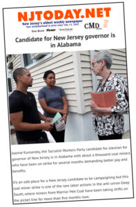 Front page of online edition of NJTODAY Aug. 11 covers Socialist Workers Party campaign of Joanne Kuniansky, at right, for governor. She joined rally in Brookwood, Alabama, of Warrior Met miners on strike Aug. 4. Article explains what the miners’ strike, now in its fifth month, is about, quoting from interviews with miners taken from the United Mine Workers union website.
