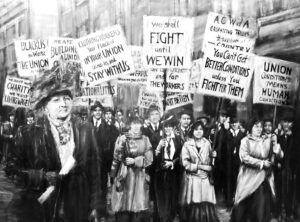 Painting of Mother Jones around 1900 leading protest by union workers. Communist leader Leon Trotsky called her a ”heroic American proletarian” with “unflagging devotion to working people,” noting she had “contempt for traitors, careerists among working-class ‘leaders.’”