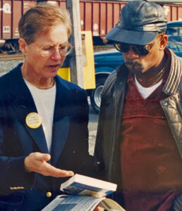 Moriarity, SWP candidate for governor of Pennsylvania in 1998, campaigning at USX Clairton Works, where she worked.