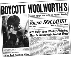 April 1960 Young Socialist campaigns to build mass protest movement that won desegregation at Woolworth’s. Inset, Frank McCain in February 1960, who with three fellow Black students began sit-in movement in North Carolina.