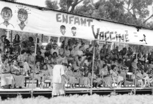 Vaccinated children, families gather in Bobo-Dioulasso, Burkina Faso, in August 1986 to celebrate their revolution. Popular revolutionary government led by Sankara mobilized working people to advance mass health campaigns, women’s equality and other social measures.