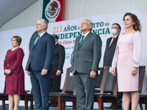 From left, Lis Cuesta Peraza and her husband, Cuban President Miguel Díaz-Canel; Mexican President Andrés Manuel López Obrador and his wife Beatriz Gutiérrez Muller. Díaz-Canel was guest of honor at Mexico’s independence day event, a blow to U.S. drive to isolate Cuba.