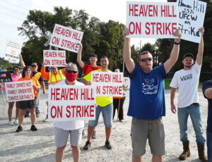 Strikers and supporters picket Heaven Hill bourbon plant in Bardstown, Kentucky, Sept. 11.