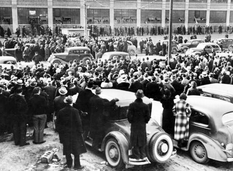 Sit-down strike in 1937 by United Auto Workers at General Motors plant in Flint, Michigan. When political pressures came down on the Socialist Workers Party on eve of the second imperialist world war, James P. Cannon led the fight to deepen the party’s proletarian orientation.