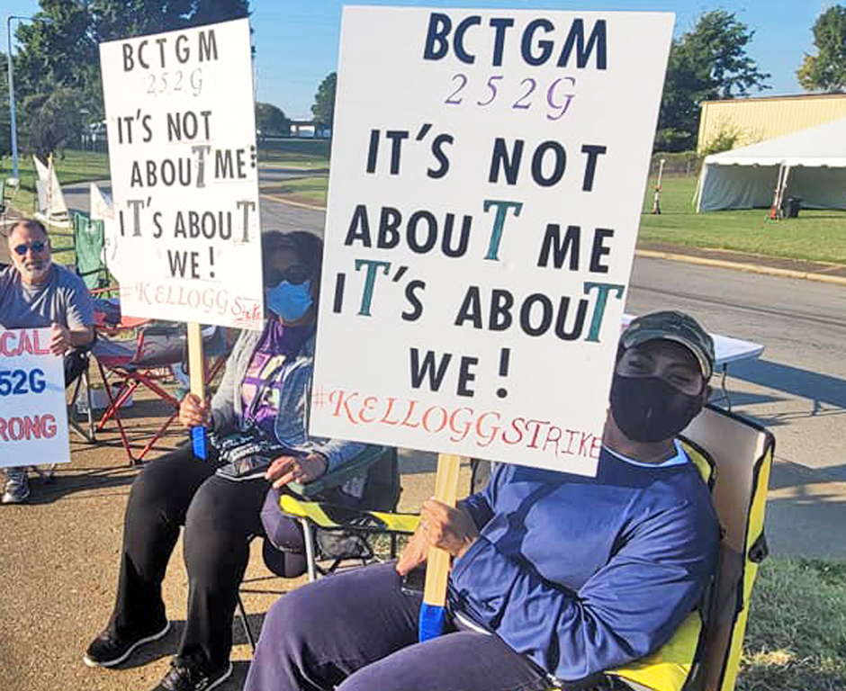 Some 1,400 members of Bakery Workers union began nationwide strike at Kellogg’s four cereal plants Oct. 5. Above, workers picket in Memphis, Tennessee. Other plants struck are in Battle Creek, Michigan; Omaha, Nebraska; and East Hempfield Township, Pennsylvania.