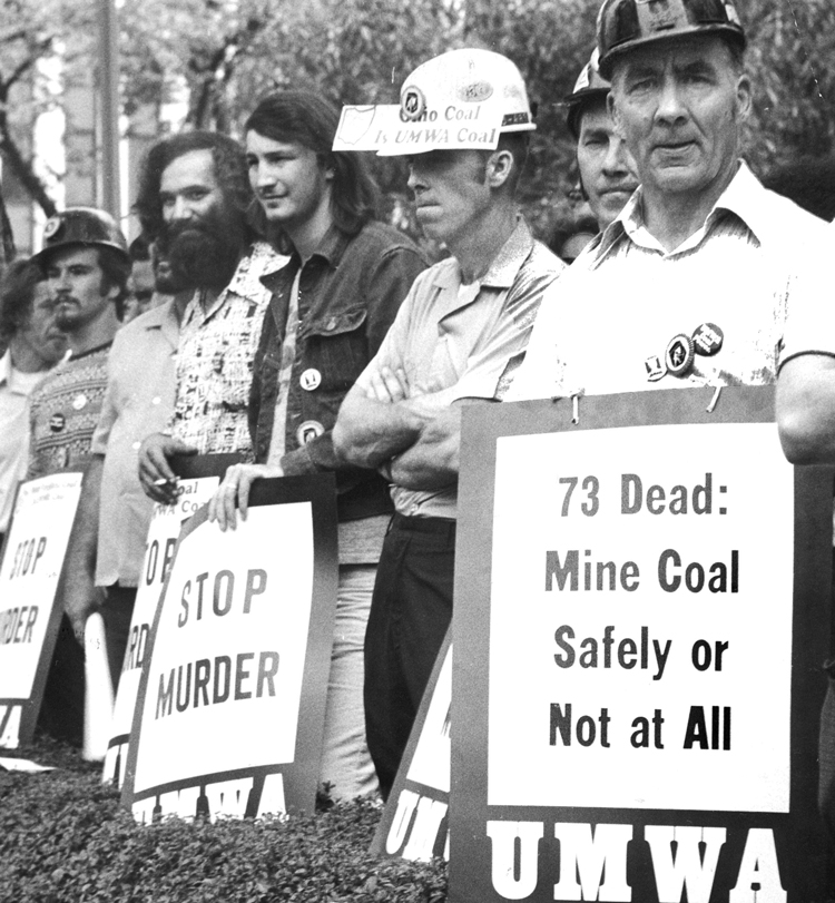 United Mine Workers march in Washington, D.C., 1974, part of revolution in union that won right to stop production if dust levels were too high. Fight by workers to take control of production from bosses is road to safety on the job and halting destruction of environment.