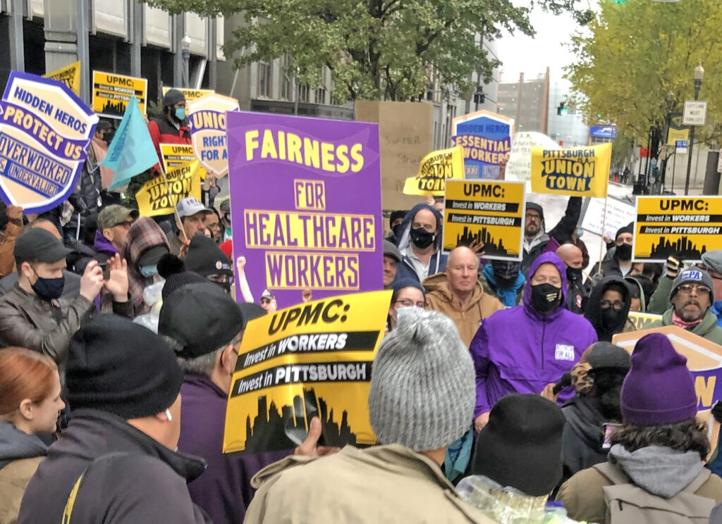 Hundreds rally at Pittsburgh Medical Center Nov. 18, organized by SEIU Healthcare Pennsylvania union, to demand $20 starting wage, better benefits and union representation.