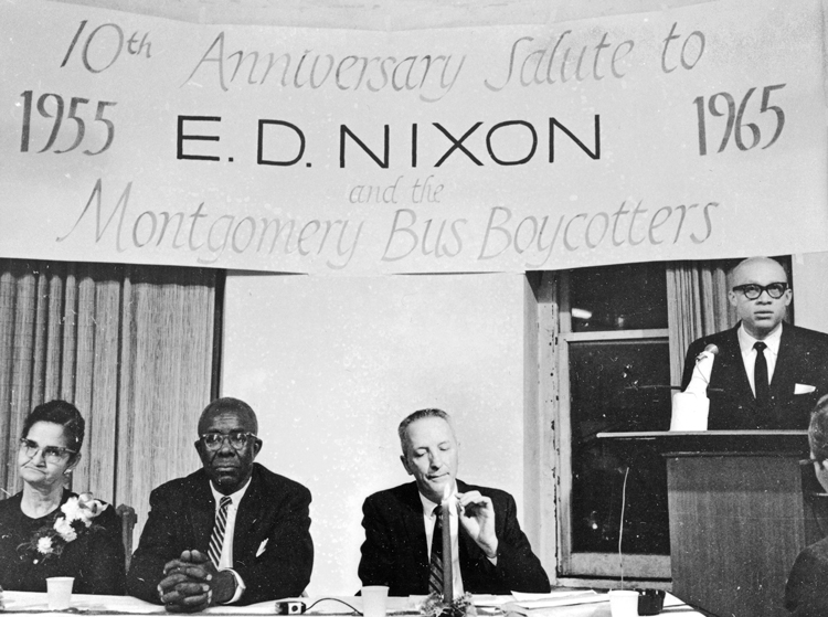 E.D. Nixon, second from left, central organizer of Montgomery bus boycott, at tribute to him in New York hosted by Militant Labor Forum on boycott’s 10th anniversary, December 1965. On either side of him are Farrell Dobbs, SWP national secretary, and Arlette Nixon, boycott activist and E.D. Nixon’s wife. Speaking is Clifton DeBerry, SWP candidate for president in 1964.