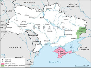 Map shows Crimean Peninsula, which Putin regime annexed in 2014, and part of eastern Ukraine in Donbas region that Moscow-backed separatists seized, imposing brutal regime.