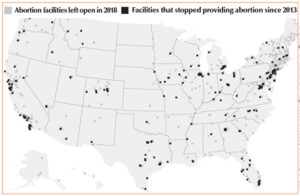 Ever since Supreme Court’s Roe v. Wade ruling cut short debate on abortion, opponents of women’s rights have fought to limit access to the procedure. Map shows drastic cut to clinics.