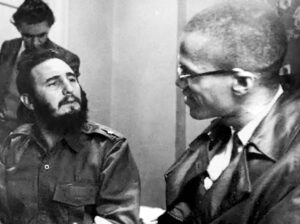 Malcolm X, right, talks to Fidel Castro at Hotel Theresa in Harlem, New York, Sept. 19, 1960. Malcolm organized housing there for the Cuban U.N. delegation when it was denied accommodation elsewhere. The Cuban Revolution “overturned the system,” Malcolm explained in 1963.
