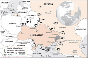 Position des 130 000 soldats de la Russie massés autour de l’Ukraine, créant une menace de guerre.