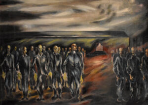 “Roll Call in Concentration Camp,” one of several paintings by Boris Lurie, portraying his experiences during Holocaust in Latvia. Lurie’s early work is on show for first time at the Museum of Jewish Heritage in New York.