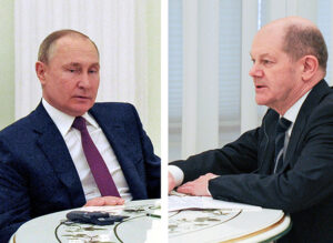 Russian President Vladimir Putin, left, and German Chancellor Olaf Scholz in Moscow, Feb. 15. Russian rulers have hold over German rulers who increasingly rely on Moscow for natural gas.