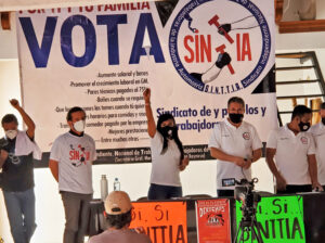 Leaders of SINTTIA independent autoworkers union at GM plant in Guanajuato, Mexico, Feb. 3, after winning union election. At center is union Secretary General Maria Alejandra Morales.