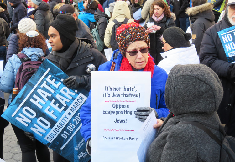 Joanne Kuniansky, SWP candidate for US Congress in New Jersey, carries party placard: “It’s not ‘hate,’ it’s Jew-hatred!” in 2020 New York “No Hate, No Fear” rally that drew 25,000.