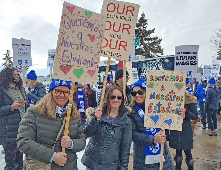 Over 1,000 members of the Minneapolis Federation of Teachers rally March 8, first day of citywide strike. Workers demand pay raise for teachers and support staff, and smaller class sizes.