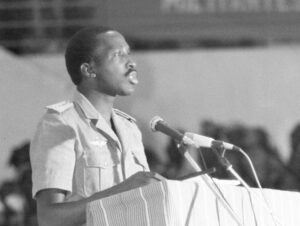 Revolutionary leader and President of Burkina Faso Thomas Sankara speaks on International Women’s Day, March 8, 1987. He was assassinated that year in counterrevolutionary coup.