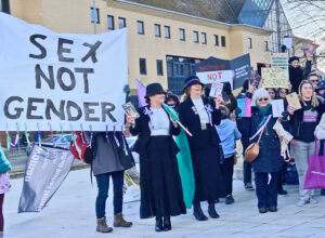 Protest Feb. 24 in Wales against arrest of women’s rights fighter Jennifer Swayne.